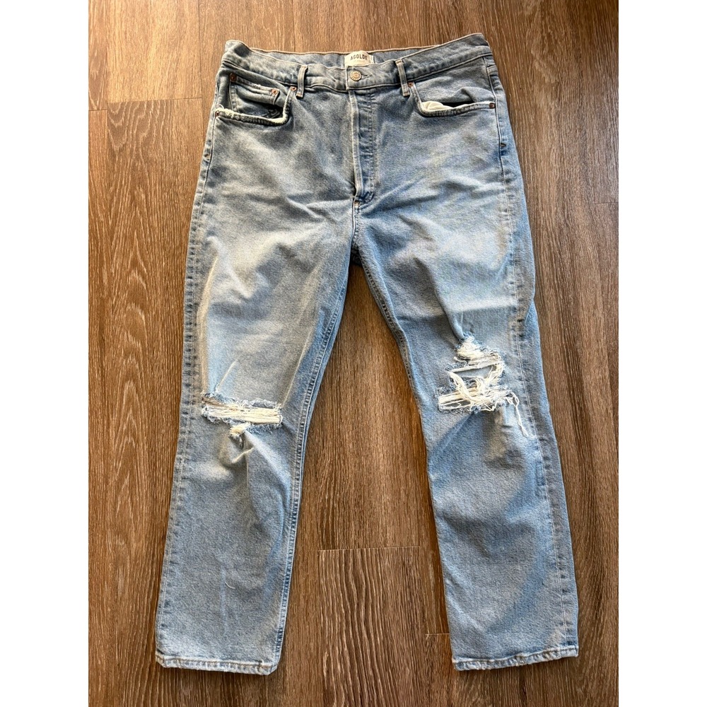 Agolde Women's Riley High Rise Straight Light Blue Ripped Distressed Jeans Sz 32
